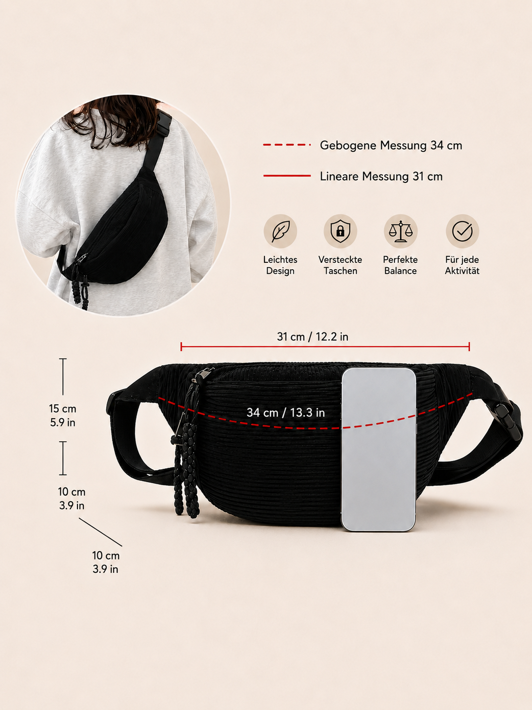 Schwarz Cord-Schultertasche