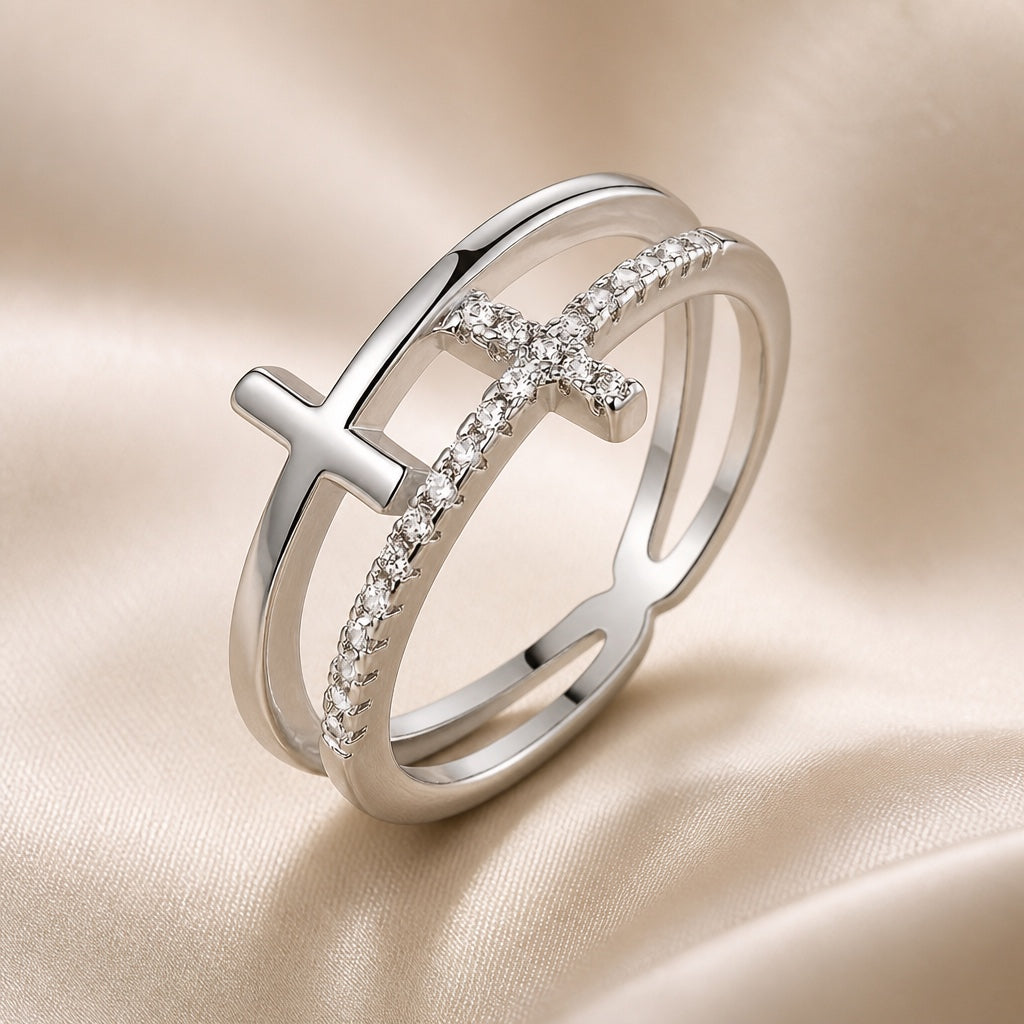 Doppelring mit Zirkonia-Kreuz