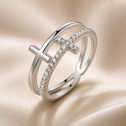Doppelring mit Zirkonia-Kreuz
