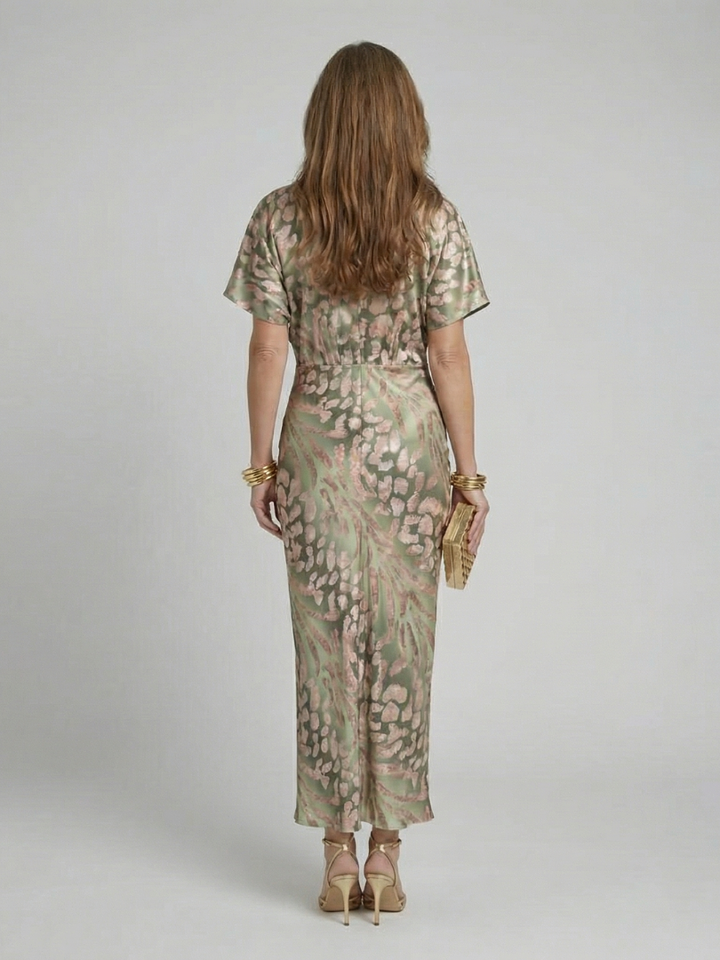 Coralie | Abstrakter Druck V-Ausschnitt Wickel Taille Midi Kleid