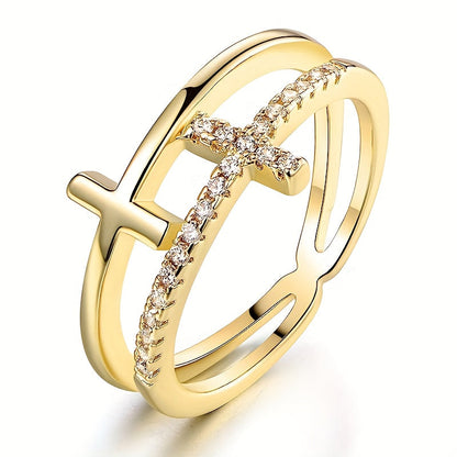 Doppelring mit Zirkonia-Kreuz